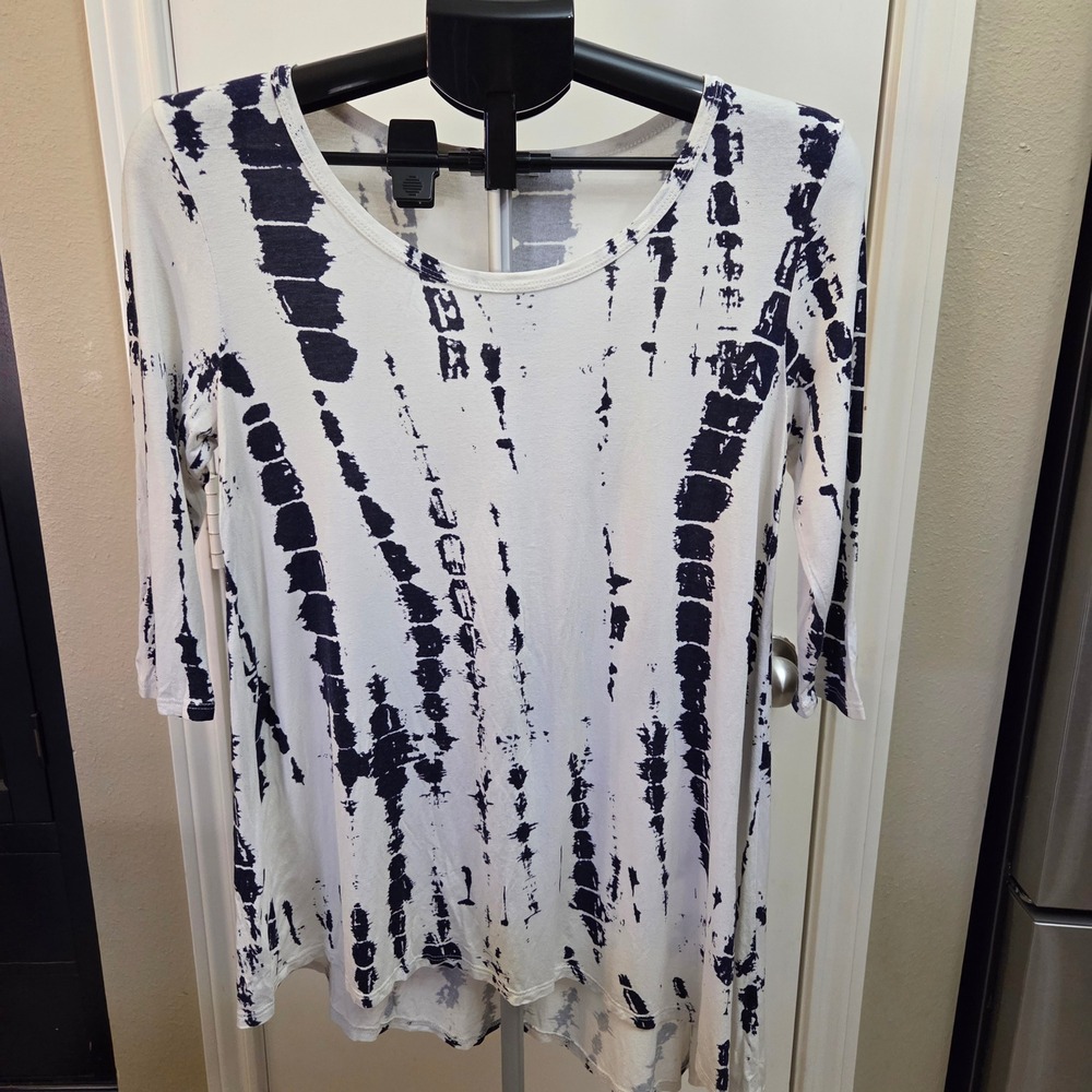 Siva Womens Small Navy Blue White Tie Dye 3/4 Sleeve High Low Tunic Top